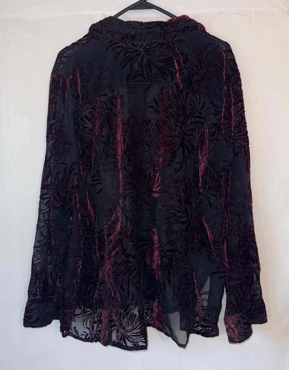 Chico's Black and Burgundy Floral Burnout Velvet Button-Down Shirt WhimsyGoth - Picture 3 of 12